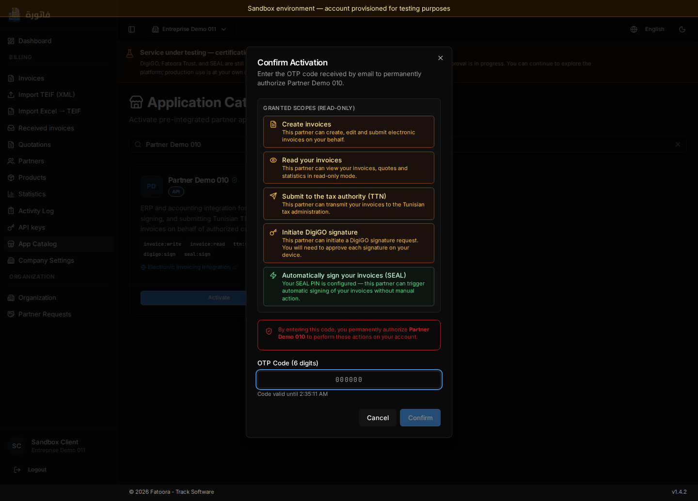 Confirmation OTP de l’autorisation