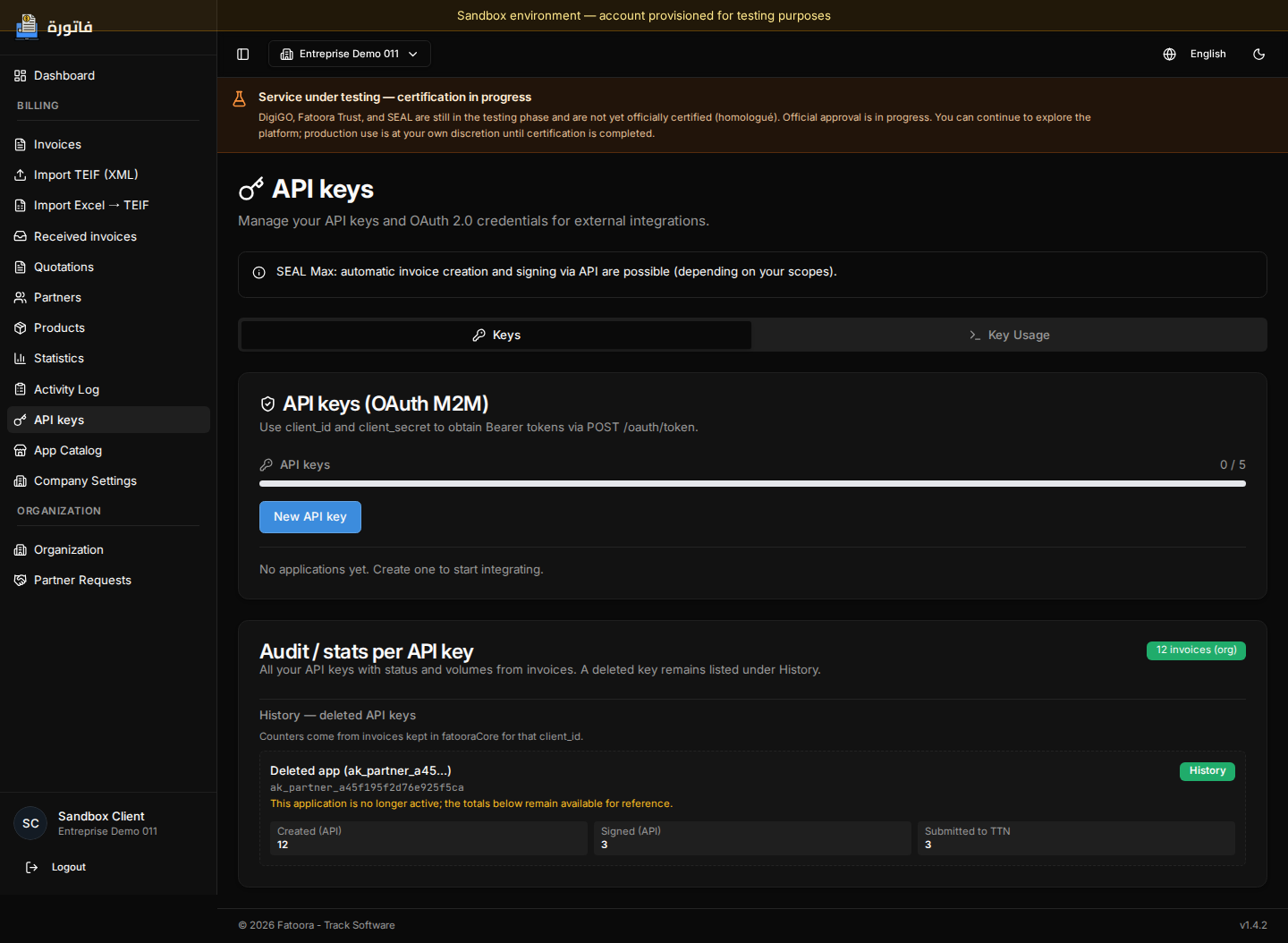Organization API applications with sensitive values masked
